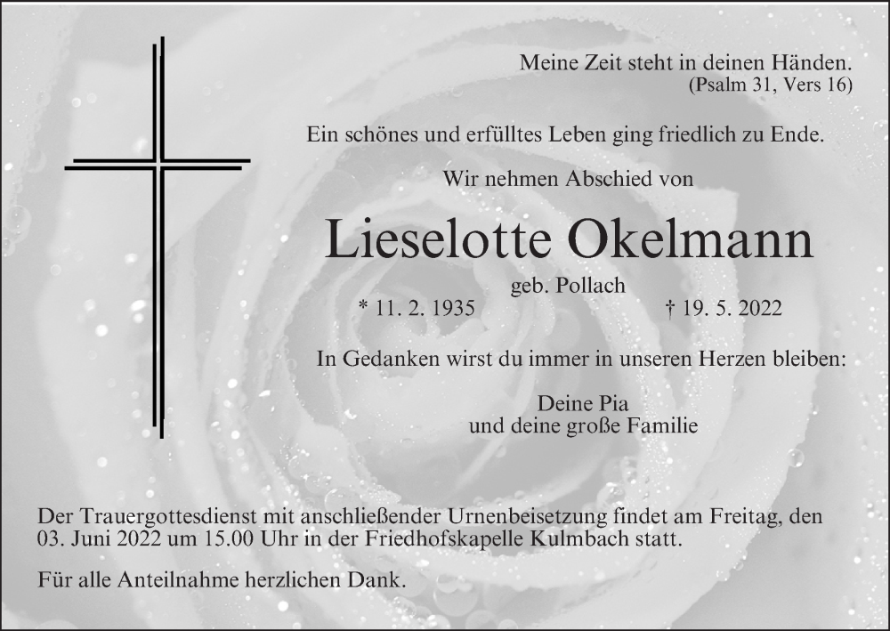  Traueranzeige für Lieselotte Okelmann vom 28.05.2022 aus MGO