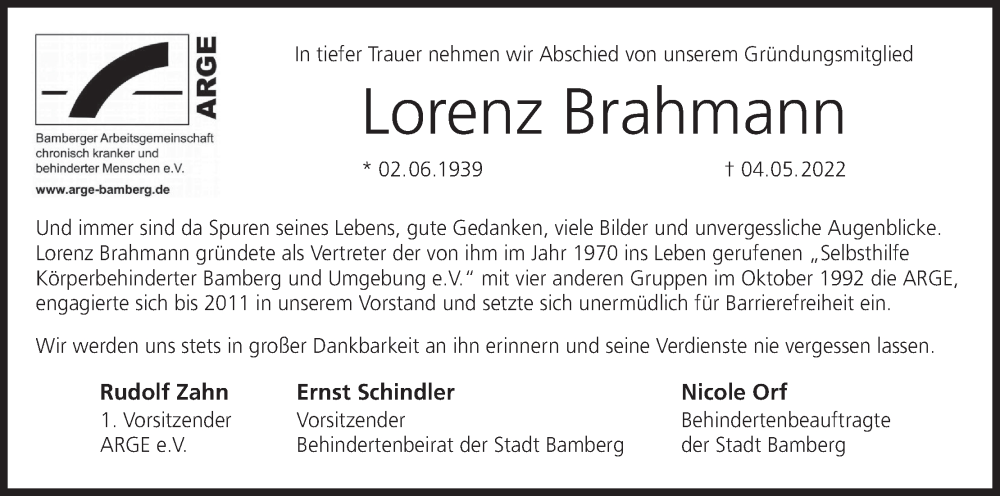  Traueranzeige für Lorenz Brahmann vom 14.05.2022 aus MGO