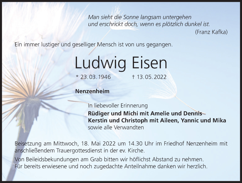  Traueranzeige für Ludwig Eisen vom 17.05.2022 aus MGO