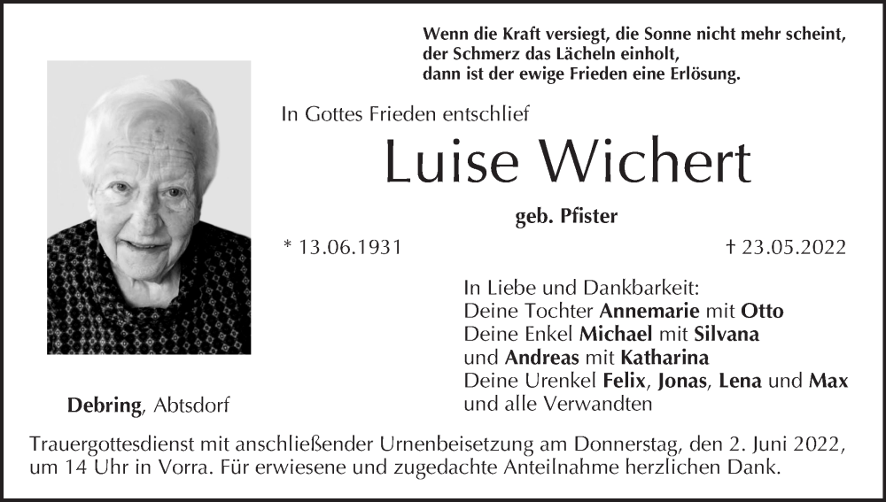 Traueranzeige für Luise Wichert vom 28.05.2022 aus MGO