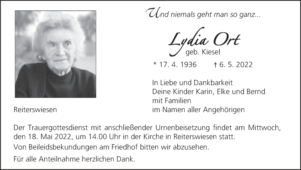  Traueranzeige für Lydia Ort vom 14.05.2022 aus MGO