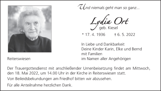 Anzeige von Lydia Ort von MGO