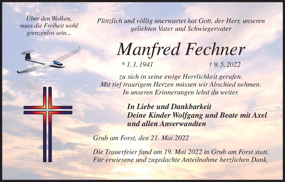  Traueranzeige für Manfred Fechner vom 21.05.2022 aus MGO
