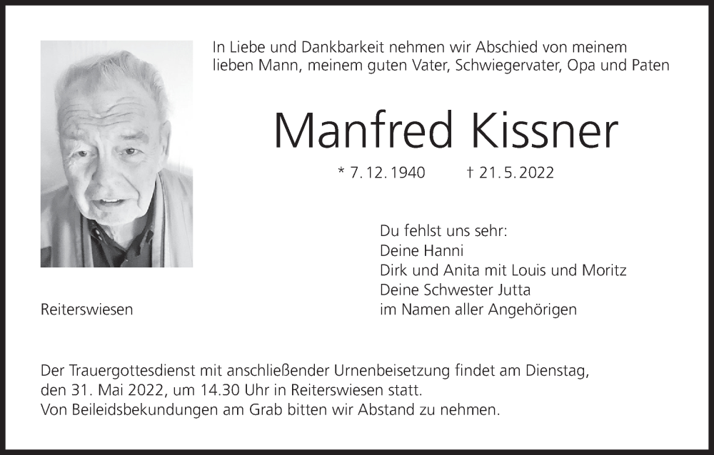  Traueranzeige für Manfred Kissner vom 28.05.2022 aus MGO