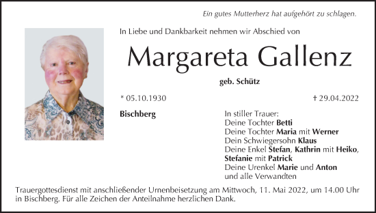 Anzeige von Margareta Gallenz von MGO