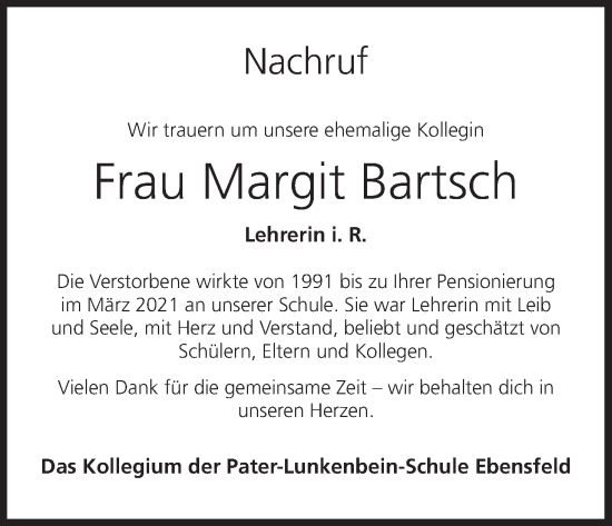 Anzeige von Margit Bartsch von MGO