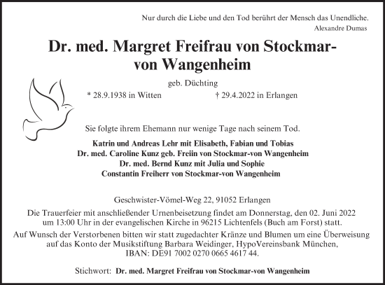 Anzeige von Margret Freifrau von Stockmar-von Wangenheim von MGO