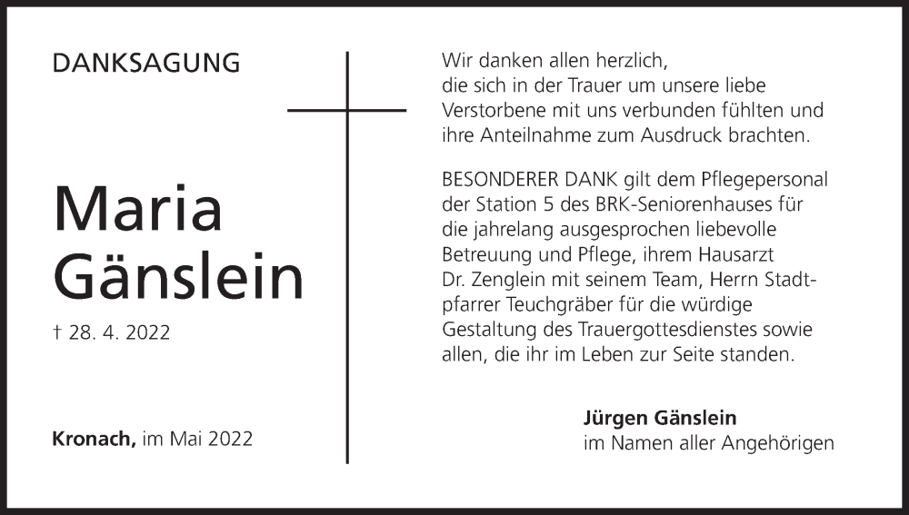  Traueranzeige für Maria Gänslein vom 28.05.2022 aus MGO