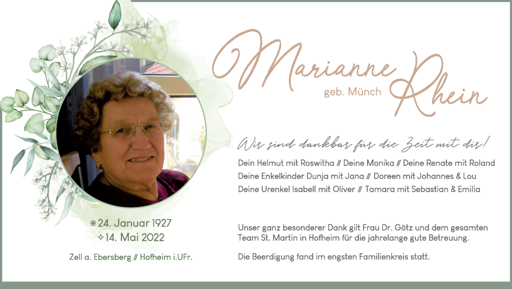  Traueranzeige für Marianne Rhein vom 28.05.2022 aus MGO