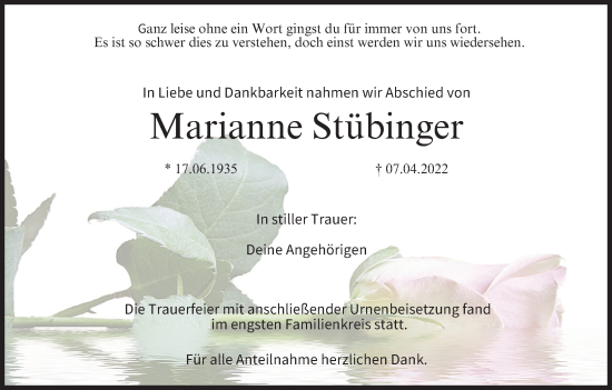 Anzeige von Marianne Stübinger von MGO