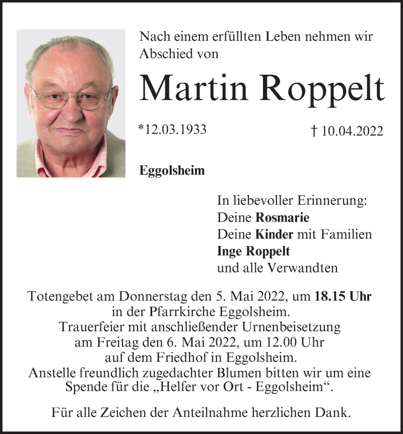  Traueranzeige für Martin Roppelt vom 30.04.2022 aus MGO