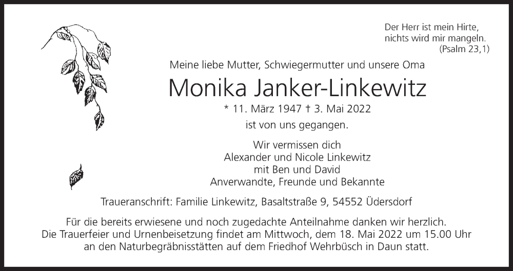  Traueranzeige für Monika Janker-Linkewitz vom 14.05.2022 aus MGO
