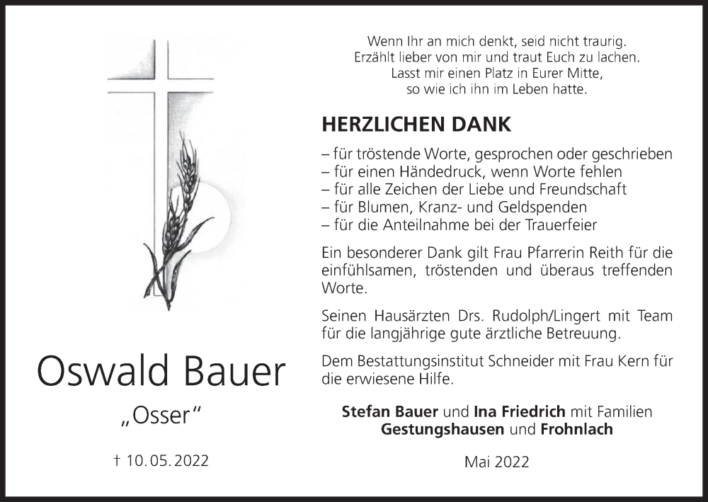  Traueranzeige für Oswald Bauer vom 28.05.2022 aus MGO