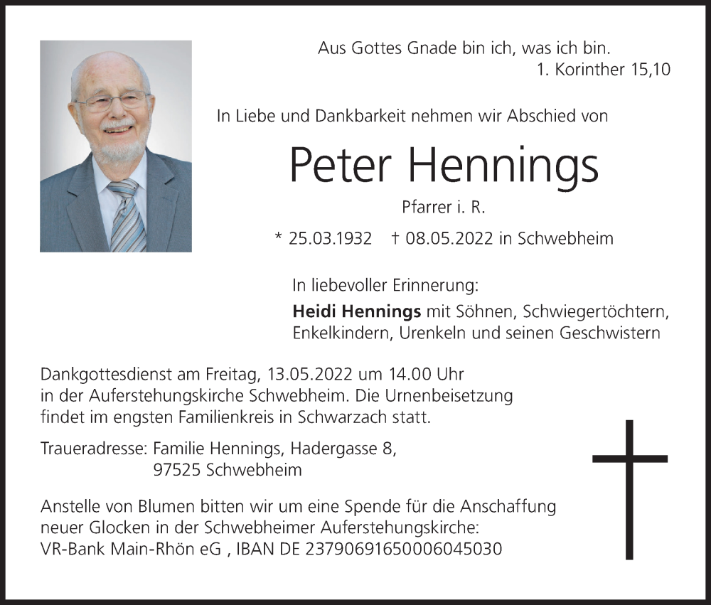  Traueranzeige für Peter Hennings vom 12.05.2022 aus MGO