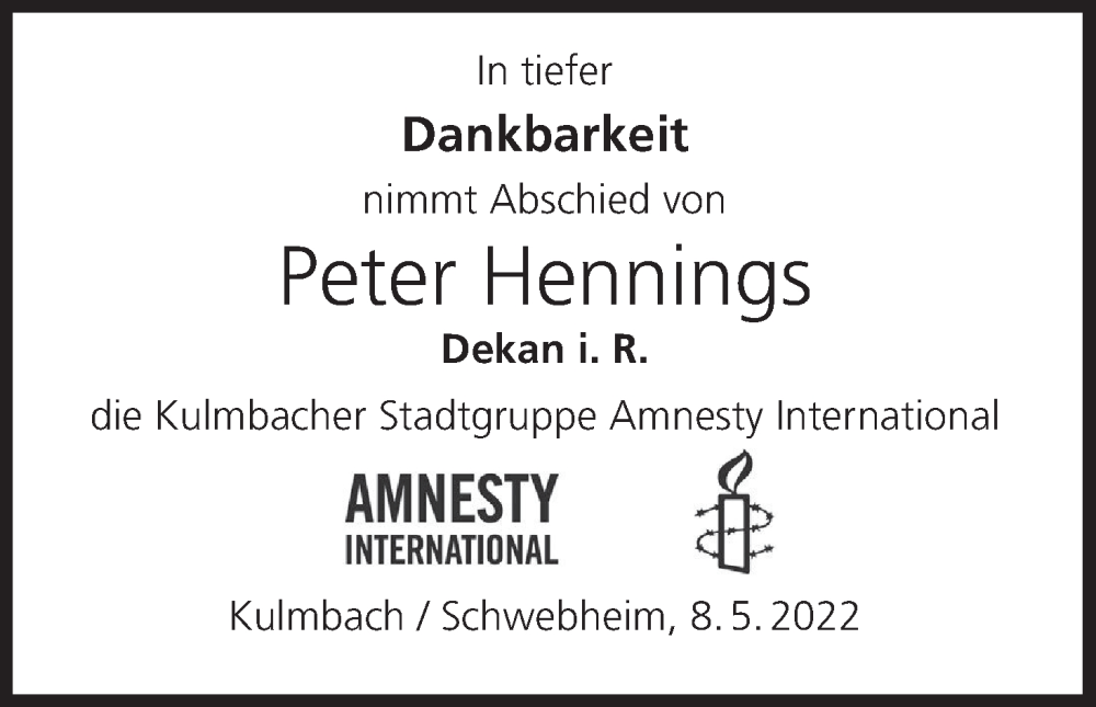  Traueranzeige für Peter Hennings vom 14.05.2022 aus MGO