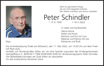 Anzeige von Peter Schindler von MGO
