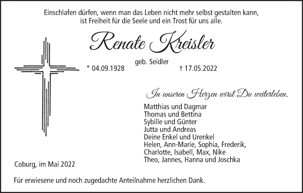 Traueranzeige für Renate Kreisler vom 21.05.2022 aus MGO