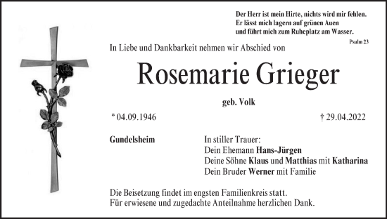 Anzeige von Rosemarie Grieger von MGO