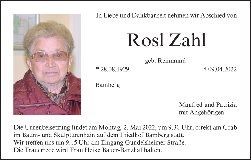  Traueranzeige für Rosl Zahl vom 30.04.2022 aus MGO