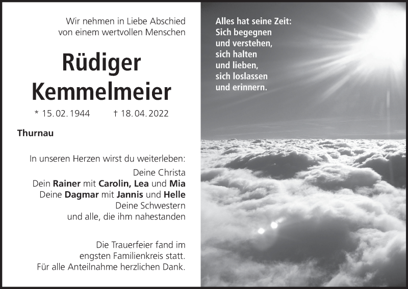  Traueranzeige für Rüdiger Kemmelmeier vom 02.05.2022 aus MGO