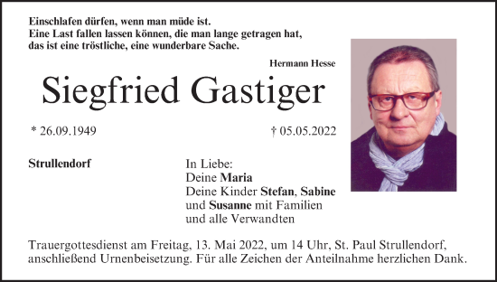 Anzeige von Siegfried Gastiger von MGO