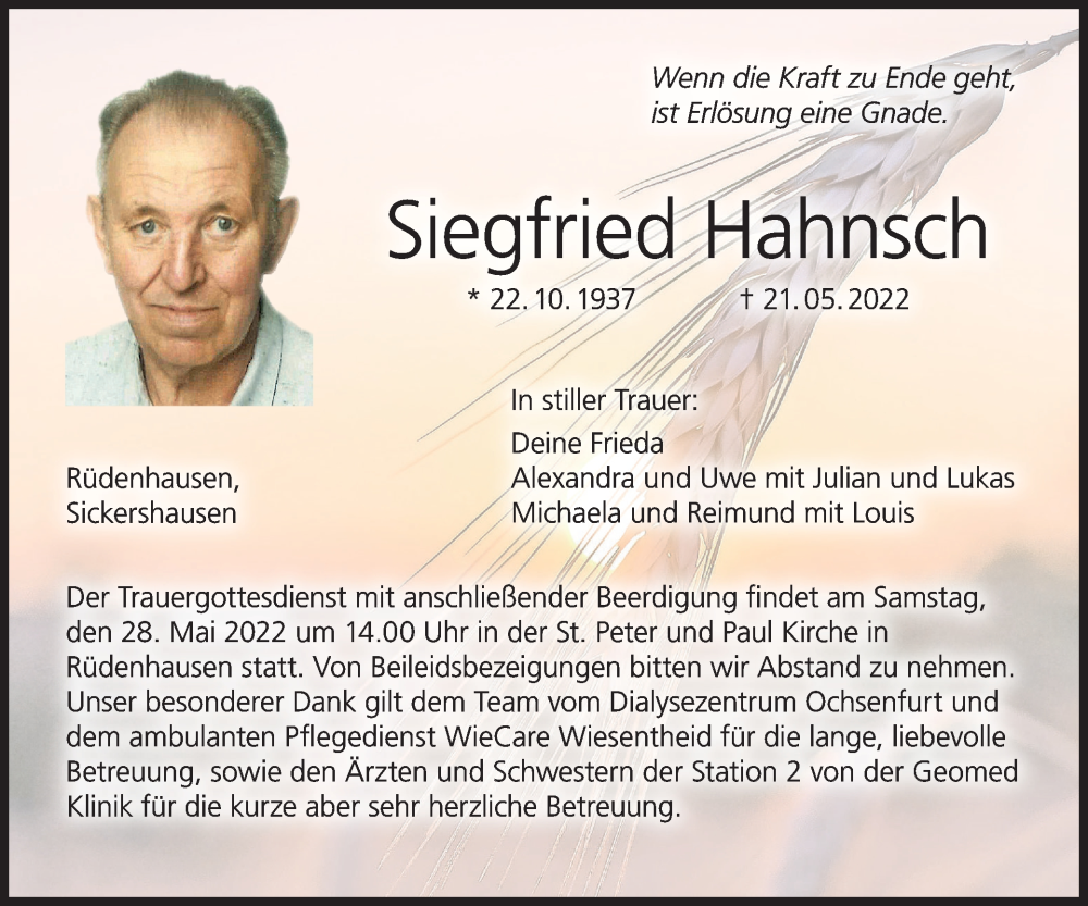  Traueranzeige für Siegfried Hahnsch vom 25.05.2022 aus MGO