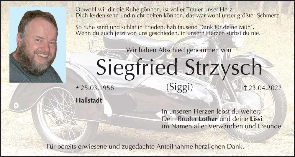  Traueranzeige für Siegfried Strzysch vom 14.05.2022 aus MGO