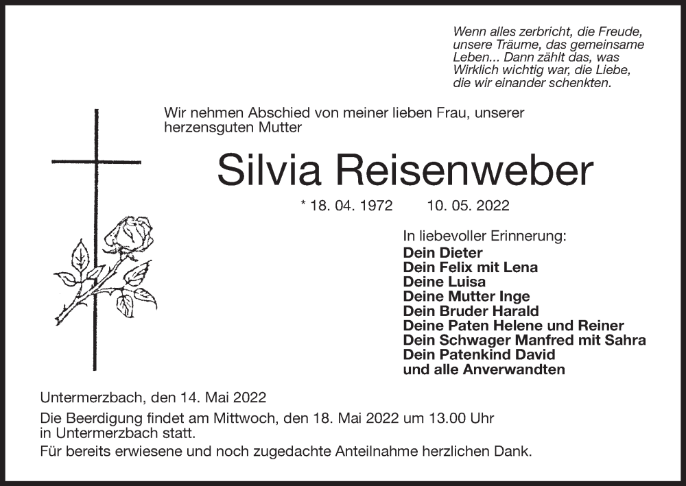  Traueranzeige für Silvia Reisenweber vom 14.05.2022 aus MGO