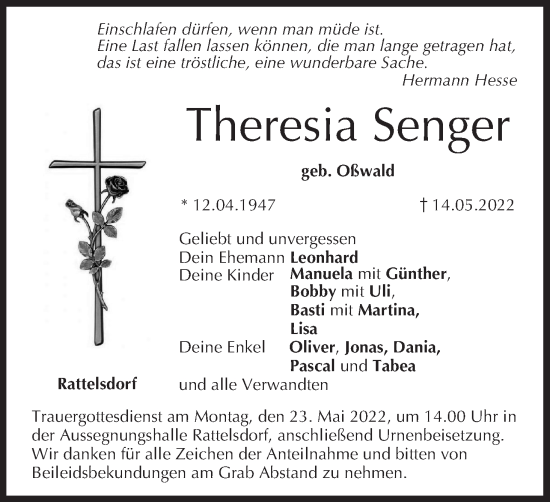 Anzeige von Theresia Senger von MGO