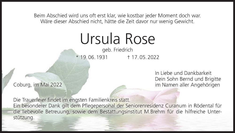  Traueranzeige für Ursula Rose vom 21.05.2022 aus MGO