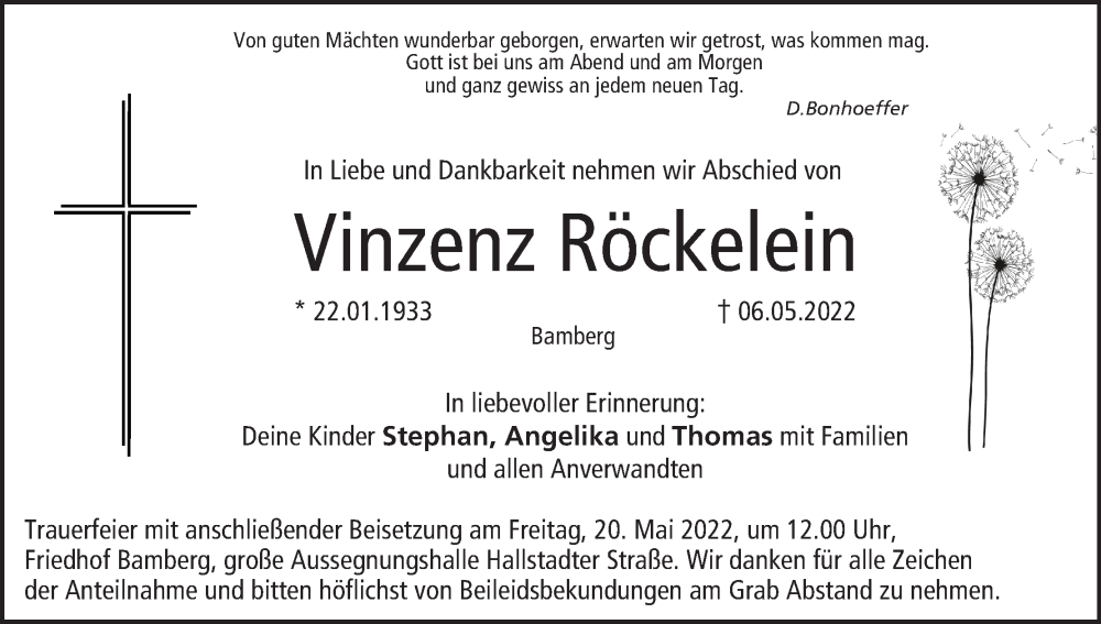  Traueranzeige für Vinzenz Röckelein vom 14.05.2022 aus MGO