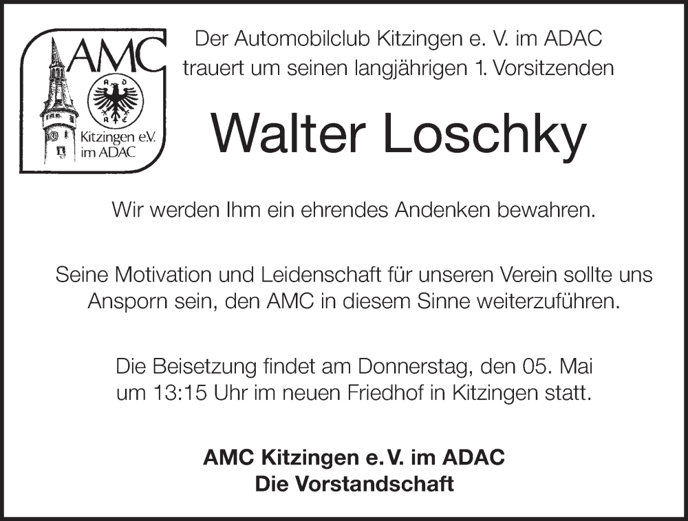  Traueranzeige für Walter Loschky vom 04.05.2022 aus MGO