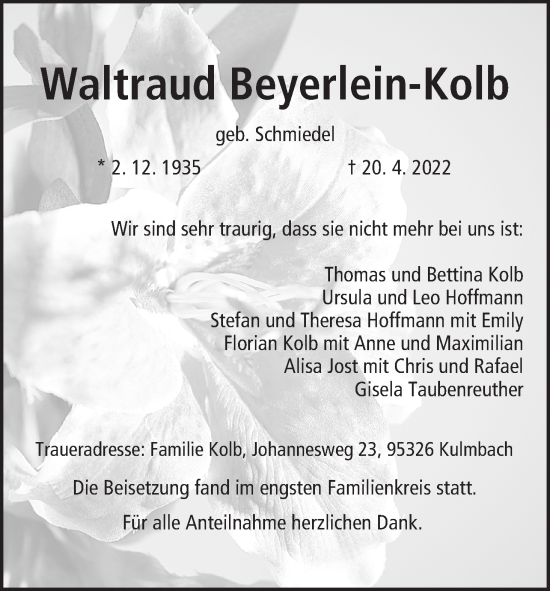 Anzeige von Waltraud Beyerlein-Kolb von MGO