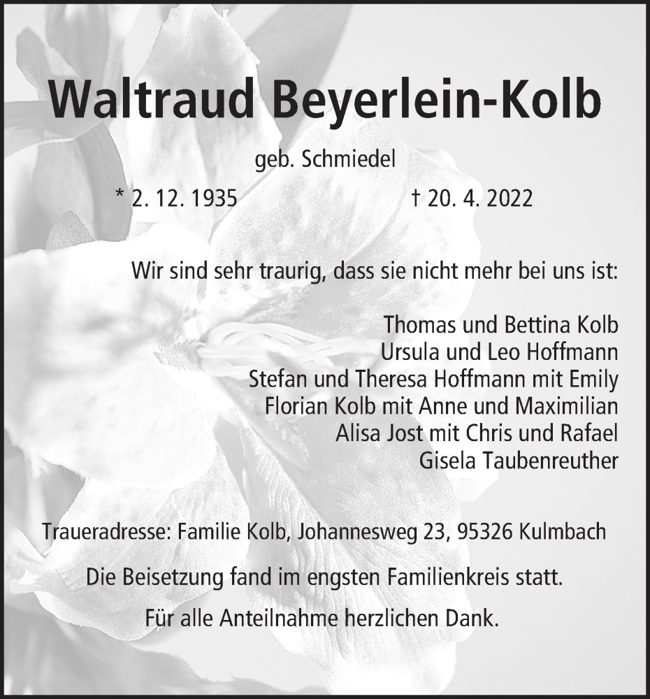  Traueranzeige für Waltraud Beyerlein-Kolb vom 10.05.2022 aus MGO