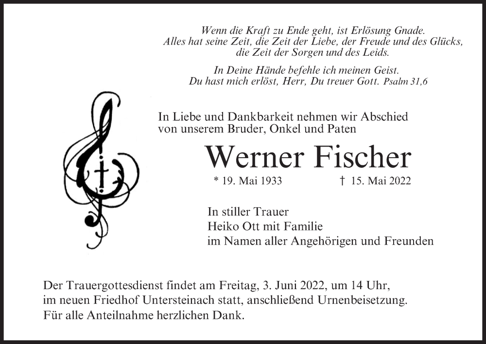  Traueranzeige für Werner Fischer vom 28.05.2022 aus MGO