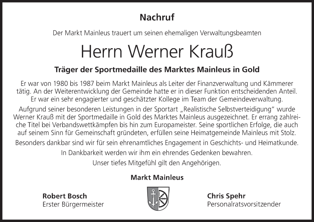  Traueranzeige für Werner Krauß vom 20.05.2022 aus MGO