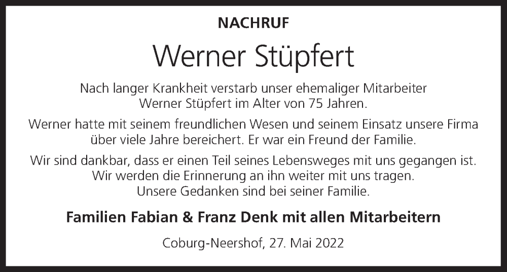  Traueranzeige für Werner Stüpfert vom 26.05.2022 aus MGO