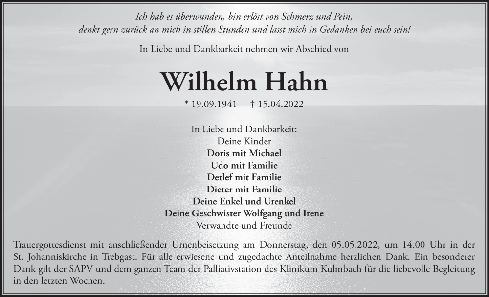  Traueranzeige für Wilhelm Hahn vom 03.05.2022 aus MGO