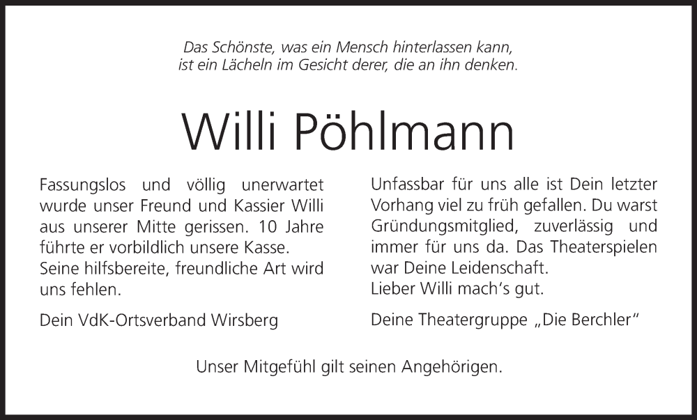  Traueranzeige für Willi Pöhlmann vom 12.05.2022 aus MGO