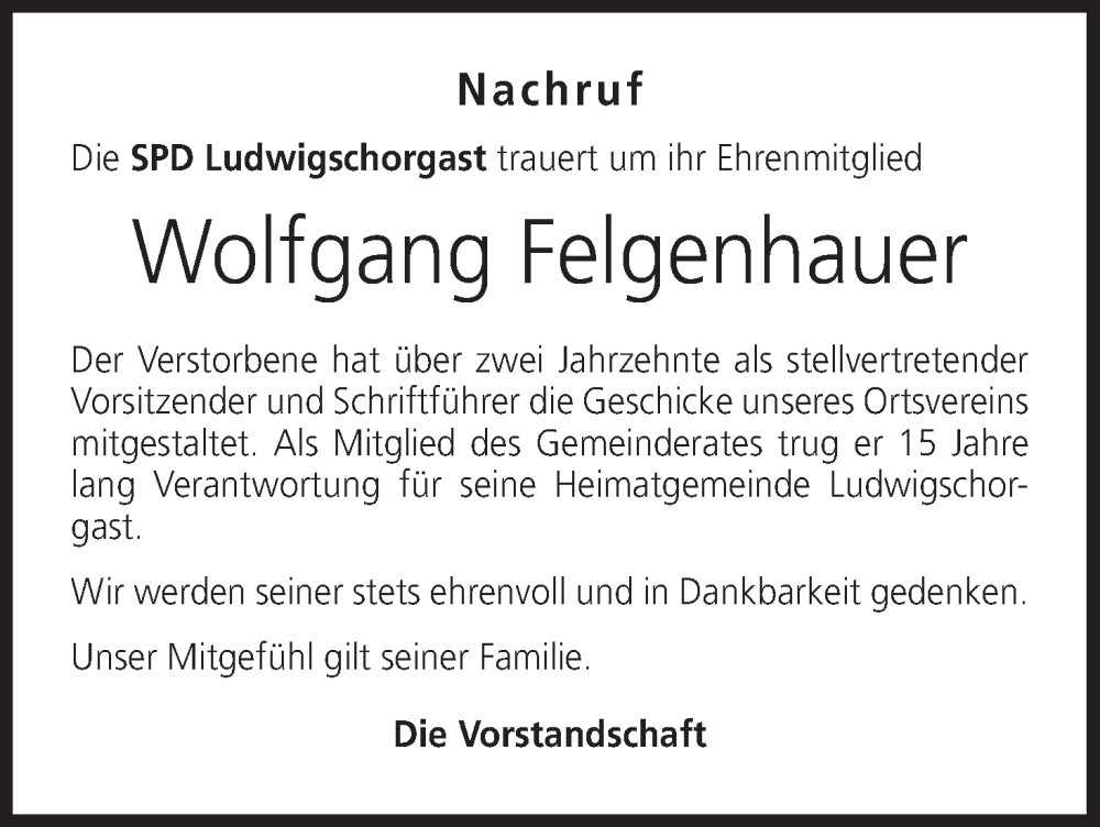  Traueranzeige für Wolfgang Felgenhauer vom 26.05.2022 aus MGO