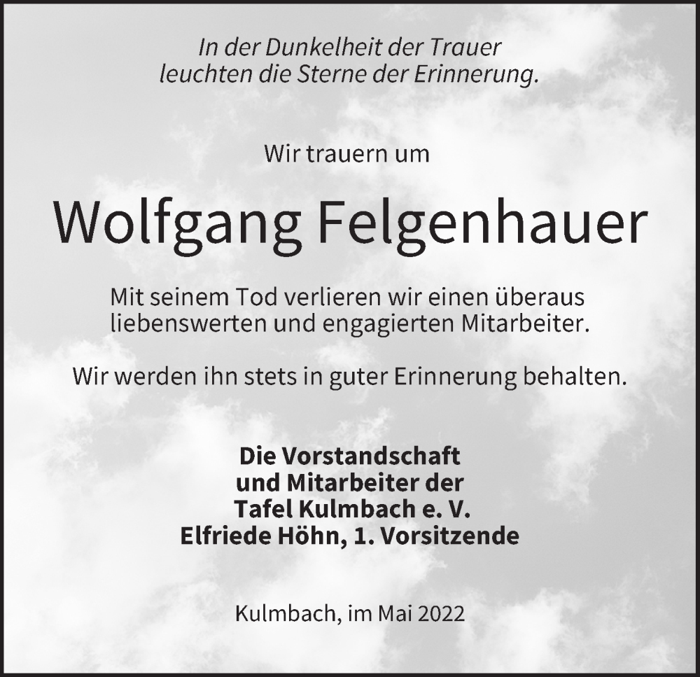  Traueranzeige für Wolfgang Felgenhauer vom 26.05.2022 aus MGO