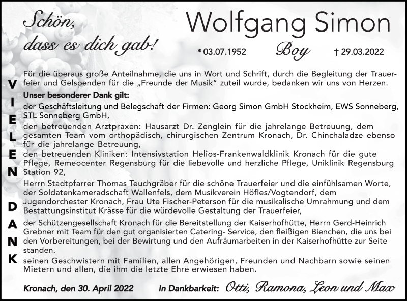  Traueranzeige für Wolfgang Simon vom 30.04.2022 aus MGO
