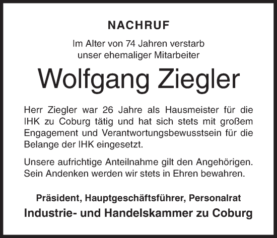 Anzeige von Wolfgang Ziegler von MGO