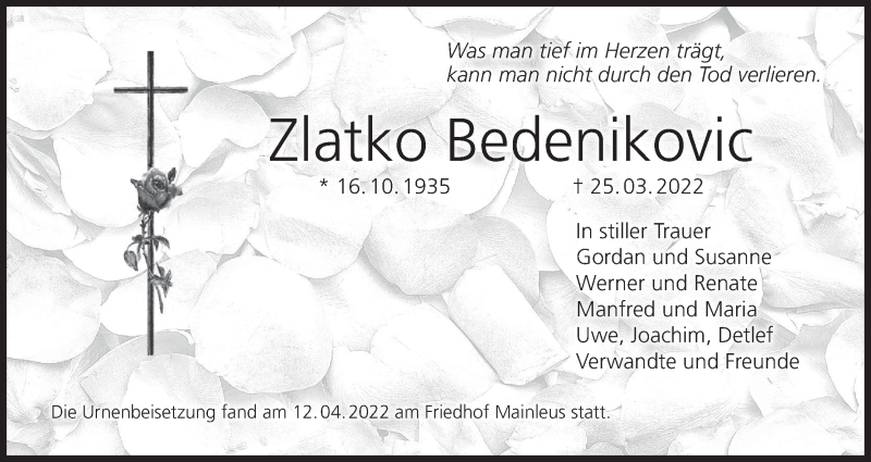  Traueranzeige für Zlatko Bedenikovic vom 30.04.2022 aus MGO