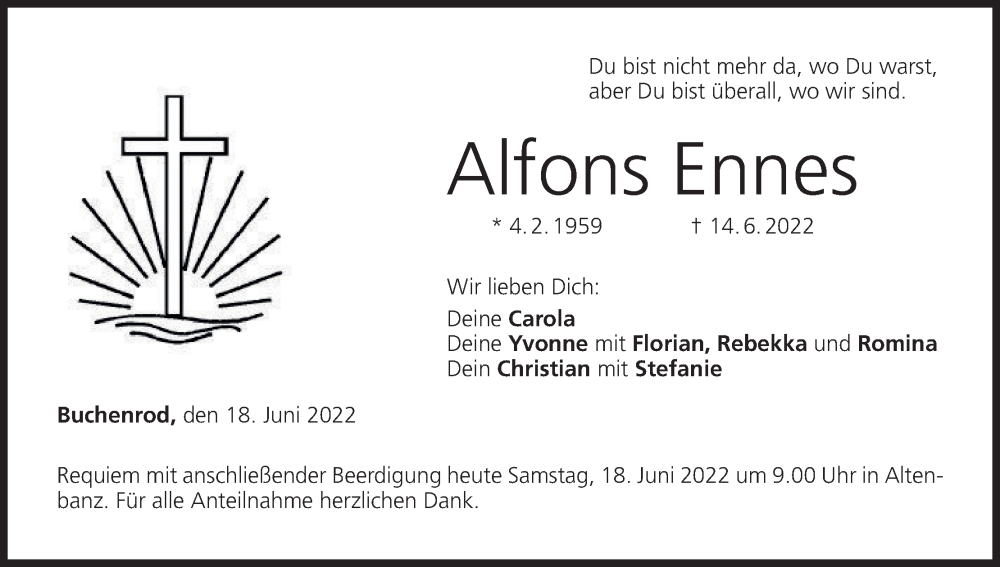 Traueranzeige für Alfons Ennes vom 18.06.2022 aus MGO