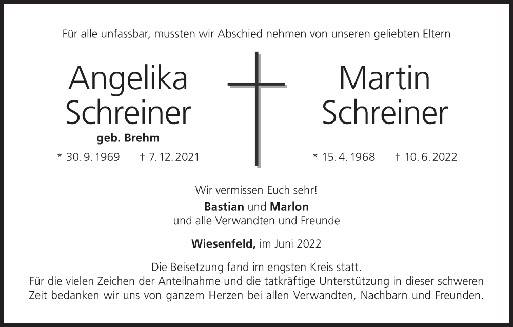  Traueranzeige für Angelika Schreiner vom 25.06.2022 aus MGO