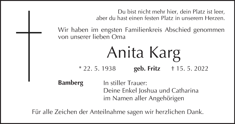  Traueranzeige für Anita Karg vom 11.06.2022 aus MGO