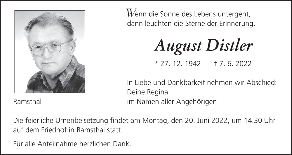  Traueranzeige für August Distler vom 11.06.2022 aus MGO