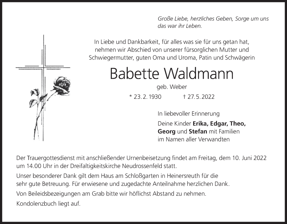  Traueranzeige für Babette Waldmann vom 07.06.2022 aus MGO
