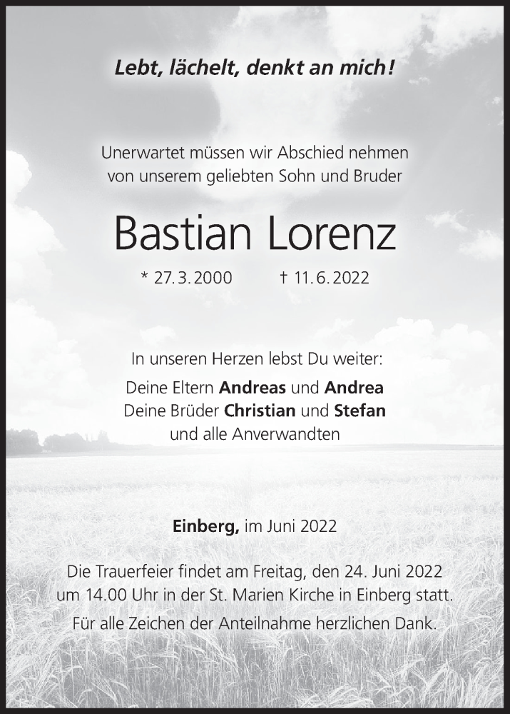  Traueranzeige für Bastian Lorenz vom 18.06.2022 aus MGO